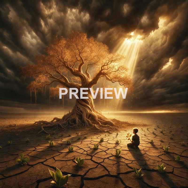 A large, ancient-looking tree with twisted branches and orange leaves stands in a cracked, dry landscape under a stormy sky with rays of sunlight breaking through dark clouds, while a young child sits on the ground holding a leaf and facing the tree.